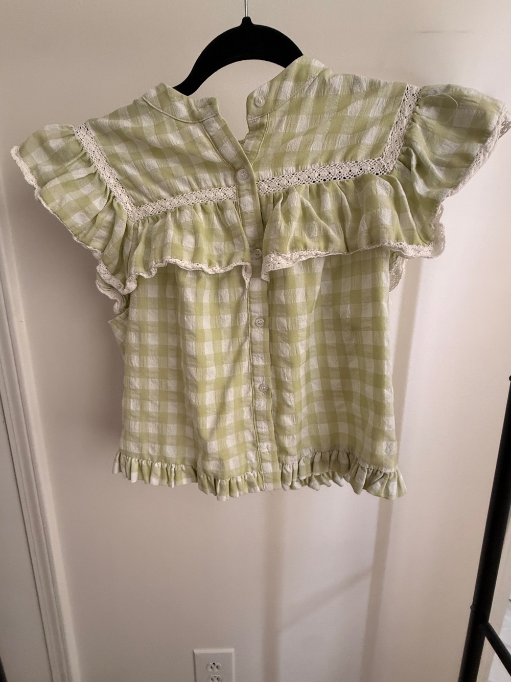 day + moon Green Gingham Ruffle Button-Up Short Sleeve Blouse w/ Crochet Details